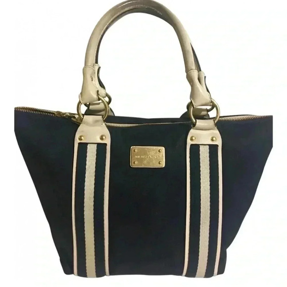 Michael Kors navy blue and white canvas nylon tote handbag